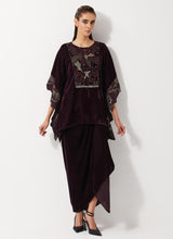 Burgandy Velvet Embellished Poncho Top Paired With Drape Velvet Skirt