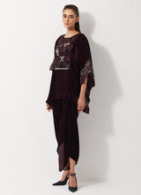 Burgandy Velvet Embellished Poncho Top Paired With Drape Velvet Skirt