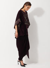 Burgandy Velvet Embellished Poncho Top Paired With Drape Velvet Skirt