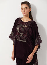 Burgandy Velvet Embellished Poncho Top Paired With Drape Velvet Skirt