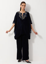 Navy Blue Velvet Embellished Pleated Poncho Top Paired Velvet Straight Pants