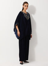 Navy Blue Velvet Embellished Pleated Poncho Top Paired Velvet Straight Pants
