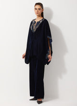 Navy Blue Velvet Embellished Pleated Poncho Top Paired Velvet Straight Pants