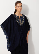 Navy Blue Velvet Embellished Pleated Poncho Top Paired Velvet Straight Pants