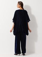 Navy Blue Velvet Embellished Pleated Poncho Top Paired Velvet Straight Pants