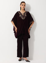Burgandy Velvet Embellished Pleated Poncho Top Paired Velvet Straight Pants