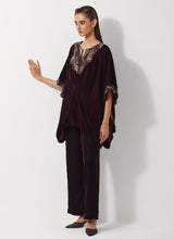 Burgandy Velvet Embellished Pleated Poncho Top Paired Velvet Straight Pants