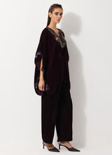 Burgandy Velvet Embellished Pleated Poncho Top Paired Velvet Straight Pants
