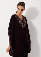 Burgandy Velvet Embellished Pleated Poncho Top Paired Velvet Straight Pants