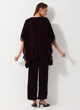 Burgandy Velvet Embellished Pleated Poncho Top Paired Velvet Straight Pants