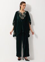 Bottle Green Velvet Embellished Pleated Poncho Top Paired Velvet Straight Pants
