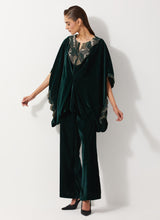 Bottle Green Velvet Embellished Pleated Poncho Top Paired Velvet Straight Pants