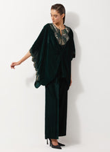 Bottle Green Velvet Embellished Pleated Poncho Top Paired Velvet Straight Pants