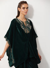 Bottle Green Velvet Embellished Pleated Poncho Top Paired Velvet Straight Pants
