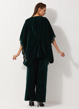 Bottle Green Velvet Embellished Pleated Poncho Top Paired Velvet Straight Pants