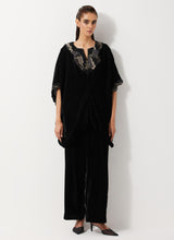 Black Velvet Embellished Pleated Poncho Top Paired Velvet Straight Pants