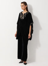 Black Velvet Embellished Pleated Poncho Top Paired Velvet Straight Pants