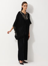 Black Velvet Embellished Pleated Poncho Top Paired Velvet Straight Pants