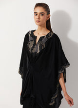 Black Velvet Embellished Pleated Poncho Top Paired Velvet Straight Pants