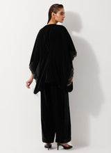 Black Velvet Embellished Pleated Poncho Top Paired Velvet Straight Pants