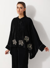 Black Baggy Velvet Embellished Shirt Paired With Velvet Pants