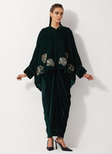 Bottle Green Baggy Velvet Embellished Shirt Paired With Velvet Cowl Skirt