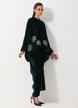 Bottle Green Baggy Velvet Embellished Shirt Paired With Velvet Cowl Skirt