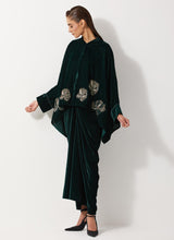 Bottle Green Baggy Velvet Embellished Shirt Paired With Velvet Cowl Skirt