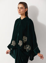 Bottle Green Baggy Velvet Embellished Shirt Paired With Velvet Cowl Skirt