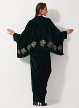 Bottle Green Baggy Velvet Embellished Shirt Paired With Velvet Cowl Skirt