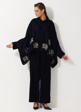 Navy Blue Baggy Velvet Embellished Shirt Paired With Velvet Pants