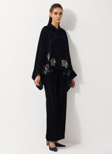 Navy Blue Baggy Velvet Embellished Shirt Paired With Velvet Pants