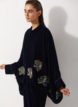 Navy Blue Baggy Velvet Embellished Shirt Paired With Velvet Pants