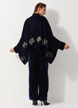 Navy Blue Baggy Velvet Embellished Shirt Paired With Velvet Pants