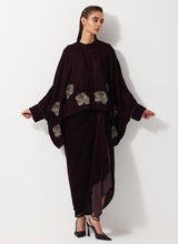 Burgandy Baggy Velvet Embellished Shirt Paired With Velvet Cowl Skirt