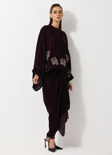 Burgandy Baggy Velvet Embellished Shirt Paired With Velvet Cowl Skirt