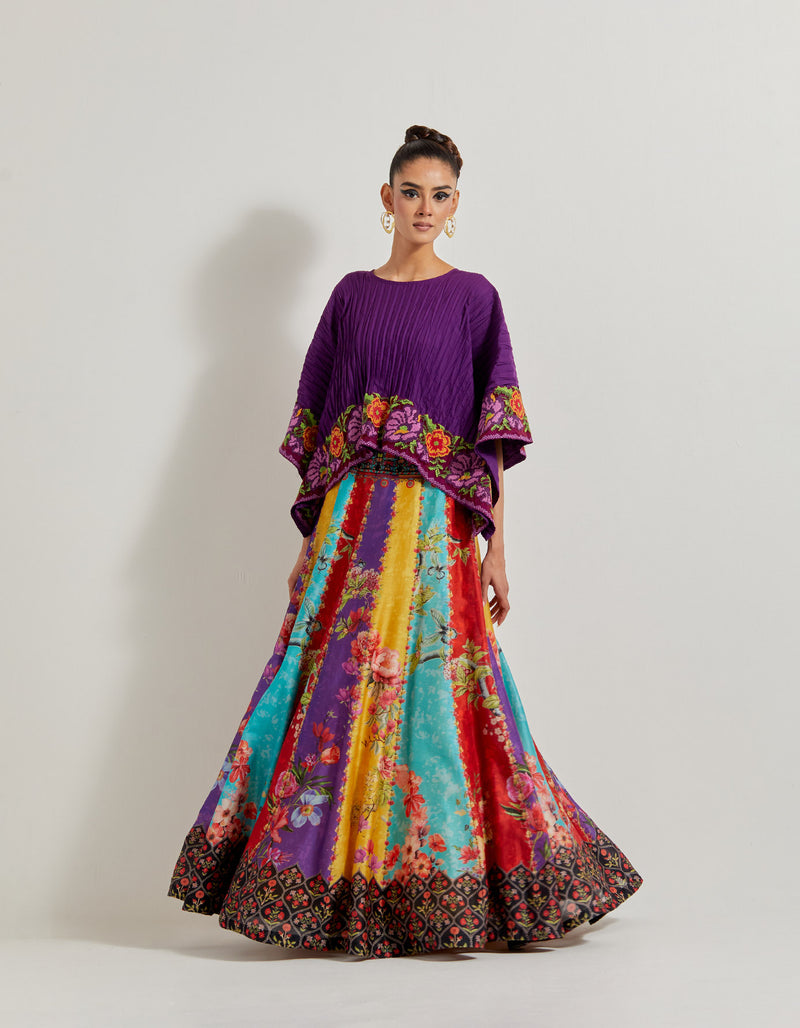 Creeper Chanderi Panelled Skirt Paired With Crinkle Crepe Kaftan Top With Cross Stitch Border