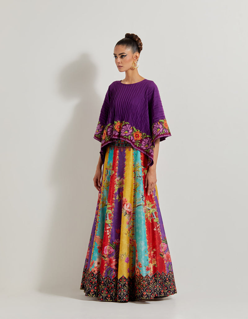 Creeper Chanderi Panelled Skirt Paired With Crinkle Crepe Kaftan Top With Cross Stitch Border