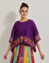 Creeper Chanderi Panelled Skirt Paired With Crinkle Crepe Kaftan Top With Cross Stitch Border