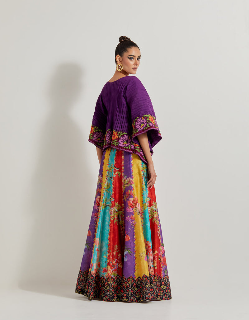 Creeper Chanderi Panelled Skirt Paired With Crinkle Crepe Kaftan Top With Cross Stitch Border