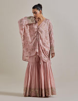 Pink Water Glimmer Silk Kaftan Tunic Paired With Embellished Gharara