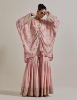 Pink Water Glimmer Silk Kaftan Tunic Paired With Embellished Gharara