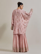 Pink Water Glimmer Silk Kaftan Tunic Paired With Embellished Gharara