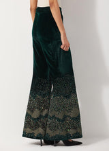 Bottle Green Velvet Wide Pants With Glitzy Sequin Embroidered
