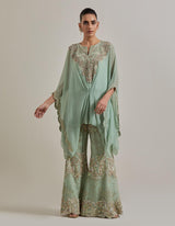 Sage Green Chiffon Water Glimmer Poncho Top Paired With Flared Embellished Pants