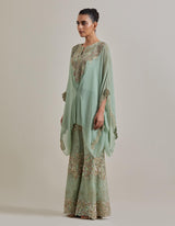 Sage Green Chiffon Water Glimmer Poncho Top Paired With Flared Embellished Pants