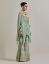 Sage Green Chiffon Water Glimmer Poncho Top Paired With Flared Embellished Pants