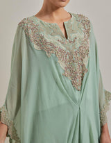 Sage Green Chiffon Water Glimmer Poncho Top Paired With Flared Embellished Pants