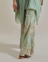 Sage Green Chiffon Water Glimmer Poncho Top Paired With Flared Embellished Pants