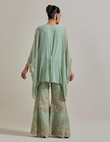 Sage Green Chiffon Water Glimmer Poncho Top Paired With Flared Embellished Pants